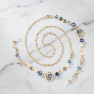 Chaîne à lunettes Azurée dorée perles cristal bleu - Maison Lunetik