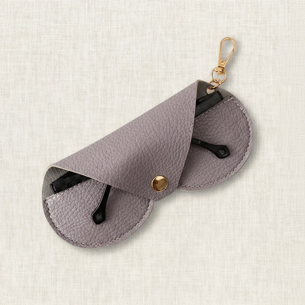 Étui lunettes cuir souple gris Nomade avec mousqueton doré - Maison Lunetik